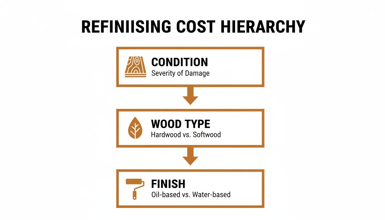 Hierarchy diagram showing factors influencing refinishing cost: condition, wood type, and finish.