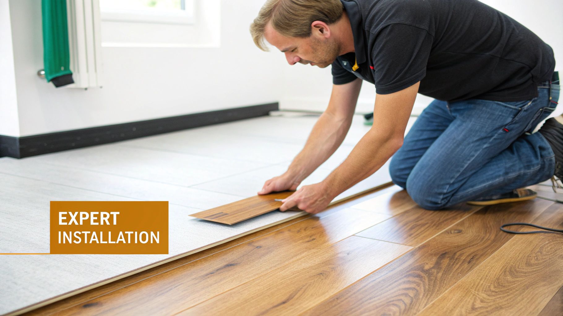 A man kneels, expertly installing engineered wood flooring planks onto a white underlayment in a bright room.