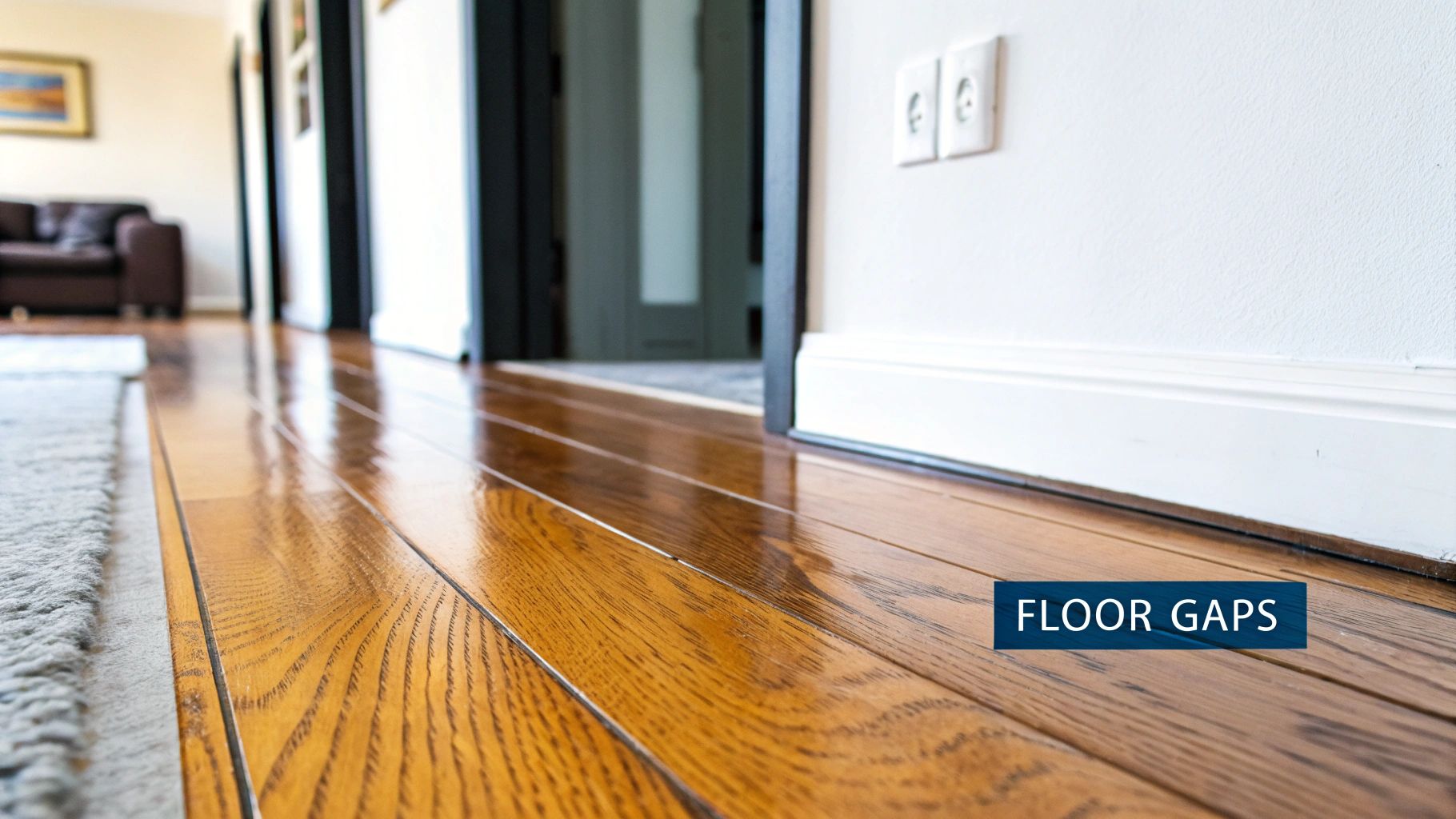 Shiny hardwood floor planks with noticeable gaps, extending through a home hallway.