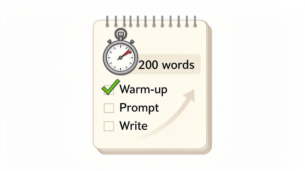 A notebook with a stopwatch, showing a writing checklist with 'Warm-up' completed.