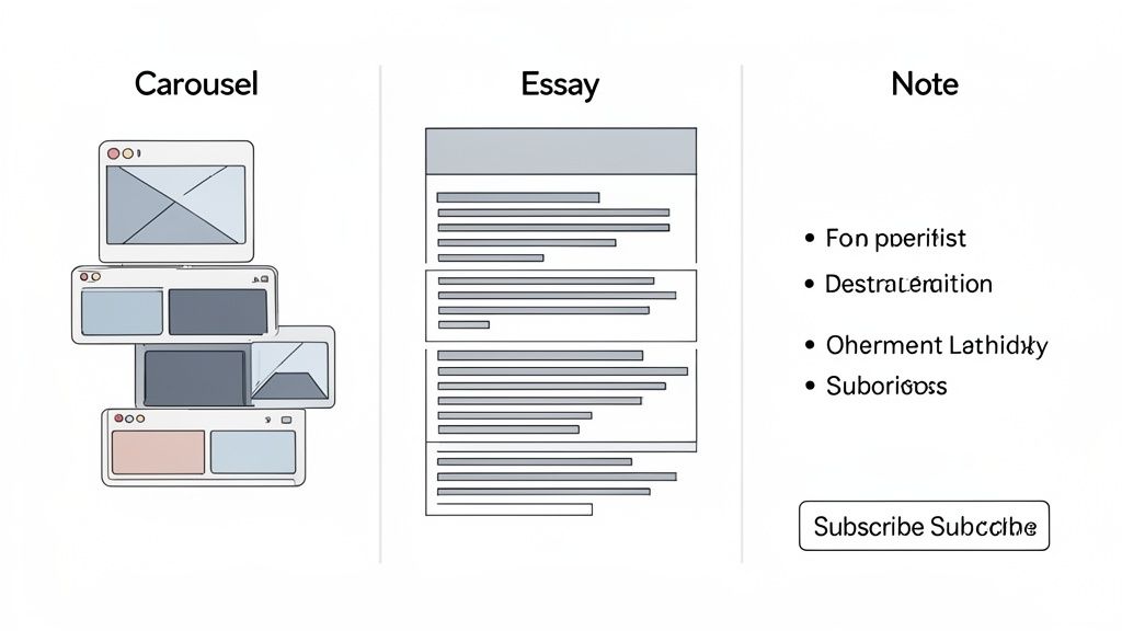 Visual comparison of content formats: a carousel of images, an essay layout, and a note with a bulleted list.