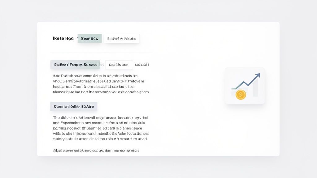 A web page displaying blurred text content and an icon of a rising graph with a dollar coin, representing financial growth.