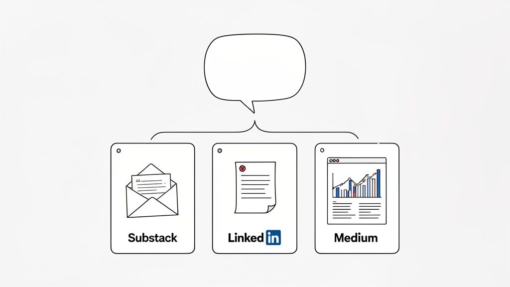 Diagram shows a speech bubble leading to Substack, LinkedIn, and Medium, representing content distribution channels.