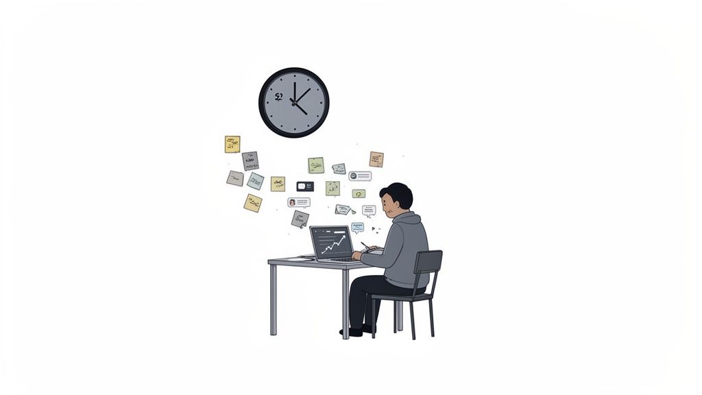 An illustration of a person working on a laptop at a desk, surrounded by a clock and many sticky notes, depicting organization.