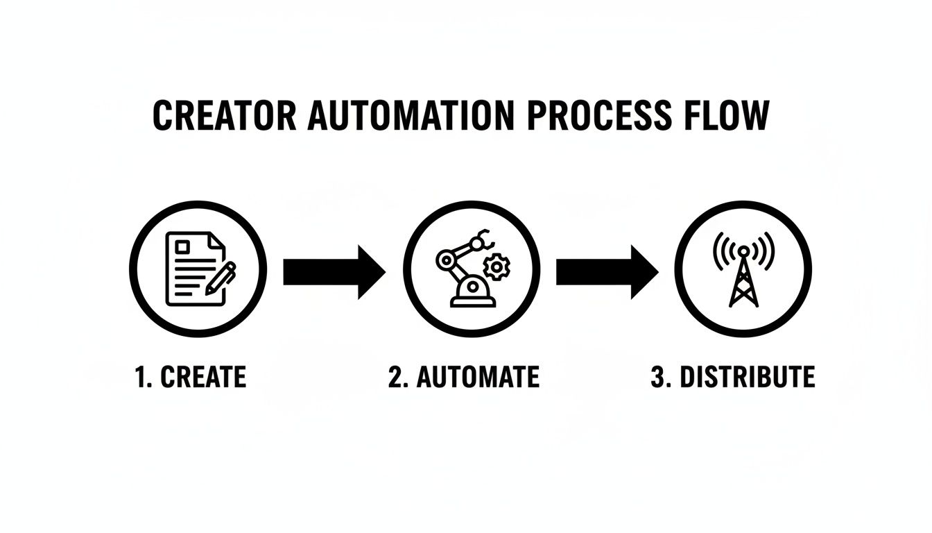 A creator automation process flow with three steps: create, automate, and distribute content.