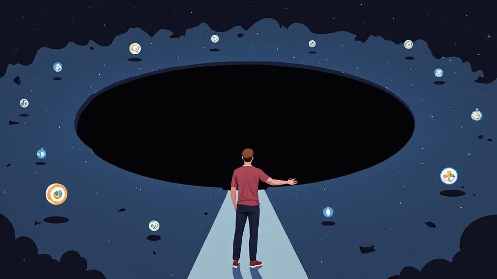 A person stands before a vast black void, surrounded floating informational orbs in a starry landscape.