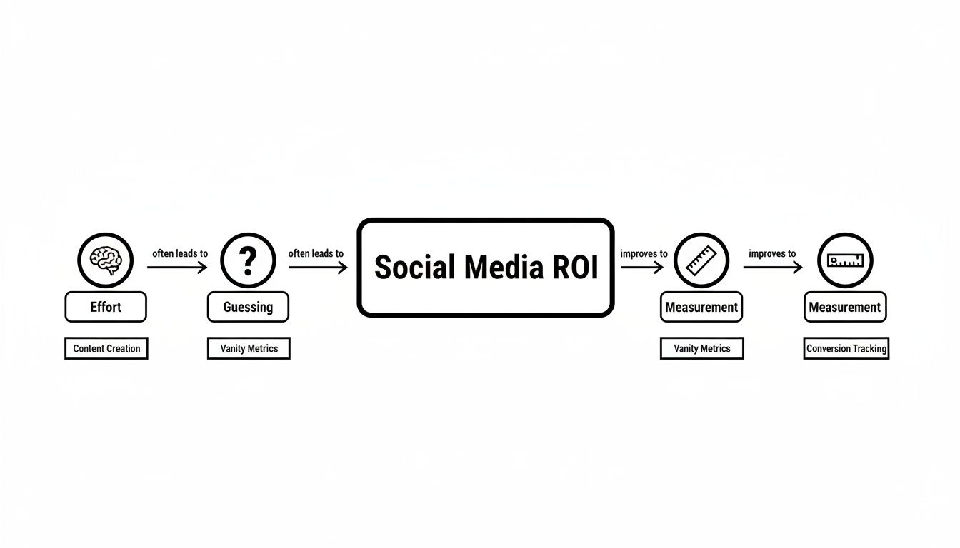 Flowchart illustrating how effort and guessing lead to Social Media ROI, improving with measurement and conversion tracking.
