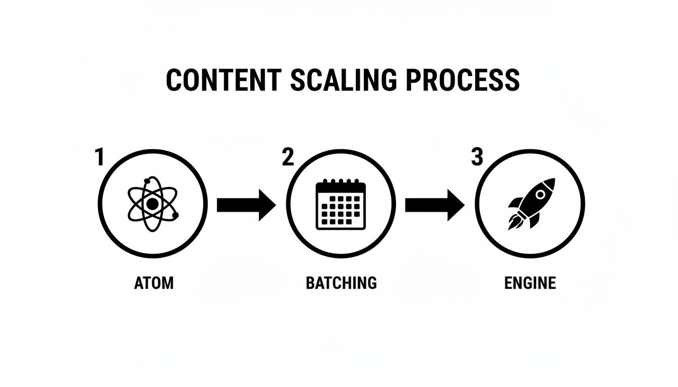 Diagram outlining the content scaling process: Atom (idea), Batching (scheduling), and Engine (launch).