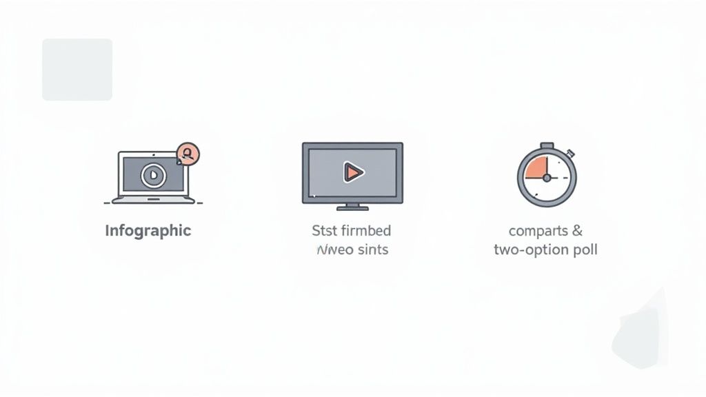 Line art icons illustrating an infographic, embedded video content, and a two-option poll.