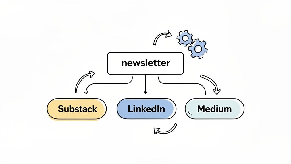 A diagram showing newsletter content distributed to Substack, LinkedIn, and Medium platforms, with arrows indicating flow and automation.