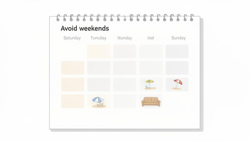 A calendar page titled 'Avoid weekends' showing various days marked with symbols like beach umbrellas and a couch.
