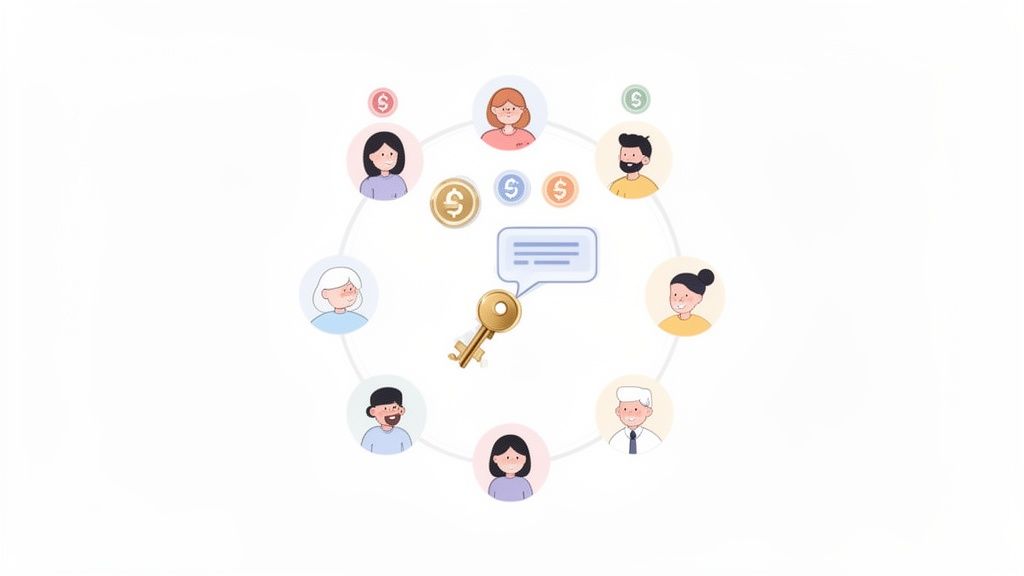 An illustration showing a network of diverse individuals, money, and a key, symbolizing shared financial opportunities or solutions.