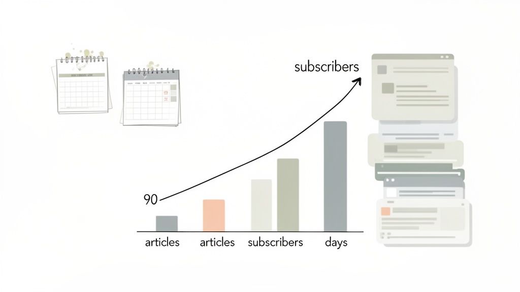 A diagram showing content creation growth with a bar chart, increasing articles, subscribers, and days.