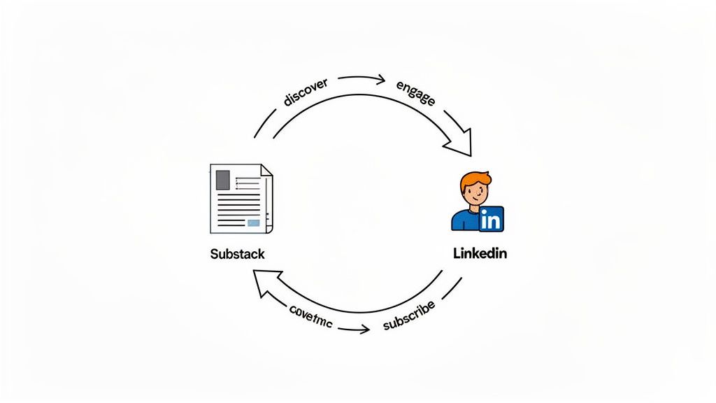 A diagram illustrates a content cycle between Substack and LinkedIn for discovery, engagement, and subscriptions.