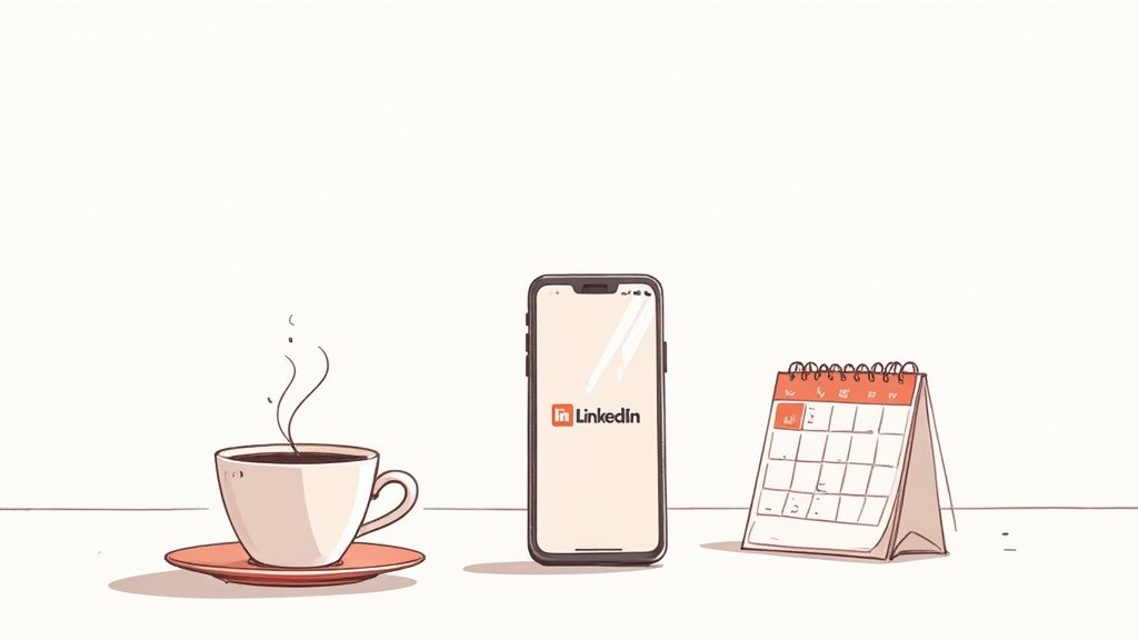 An illustration showing a steaming coffee cup, a phone with the LinkedIn app, and a desk calendar.