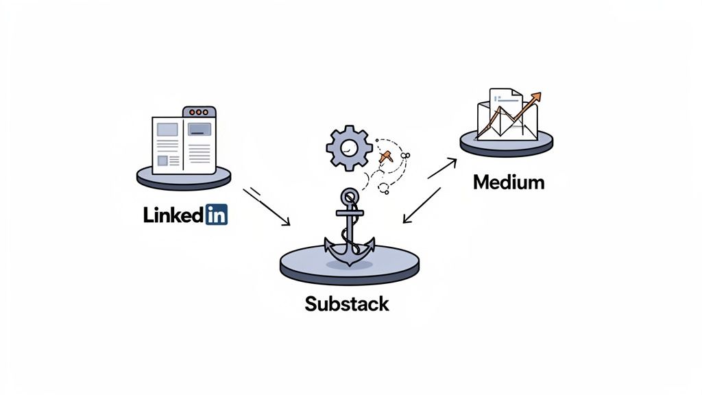 A diagram illustrates content distribution: LinkedIn feeds into Substack, which then connects to Medium.