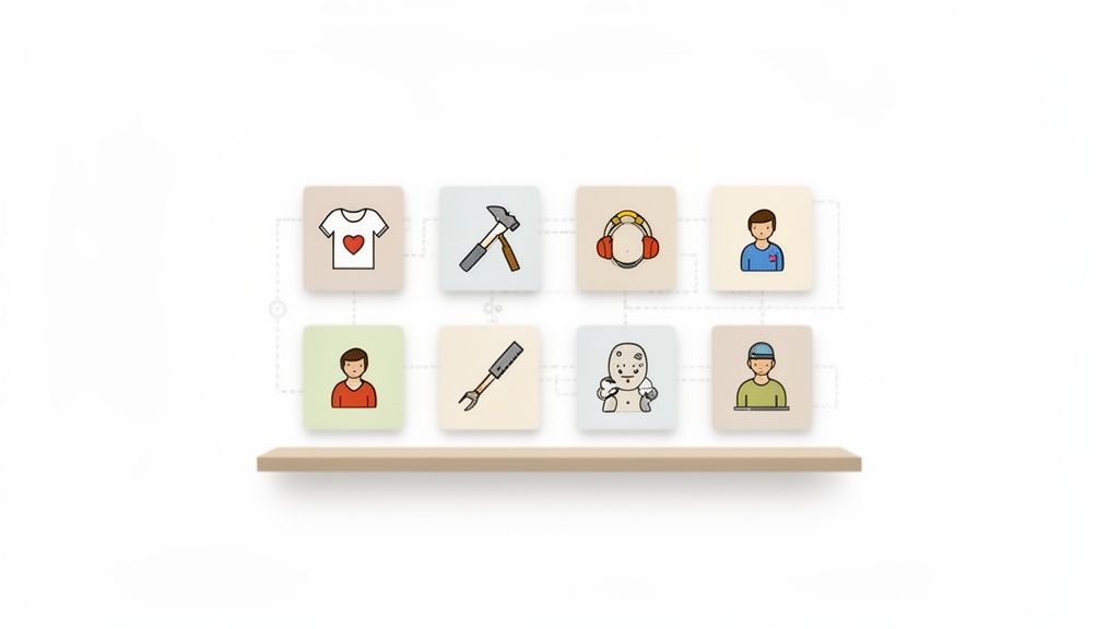 Eight colorful illustrated icons representing various interests and professions displayed on a shelf.