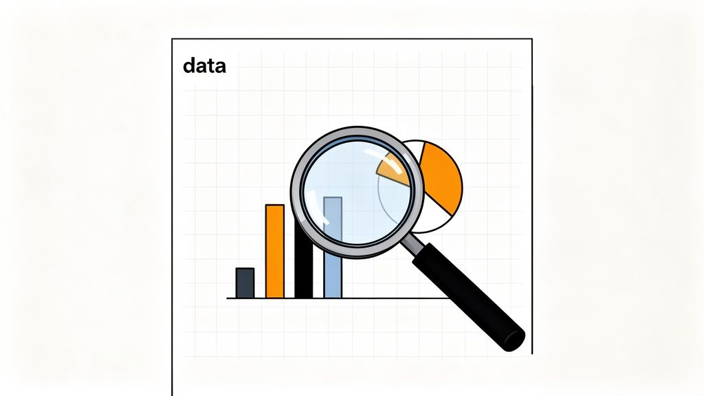 A magnifying glass examining bar and pie charts, symbolizing data analysis and insights.