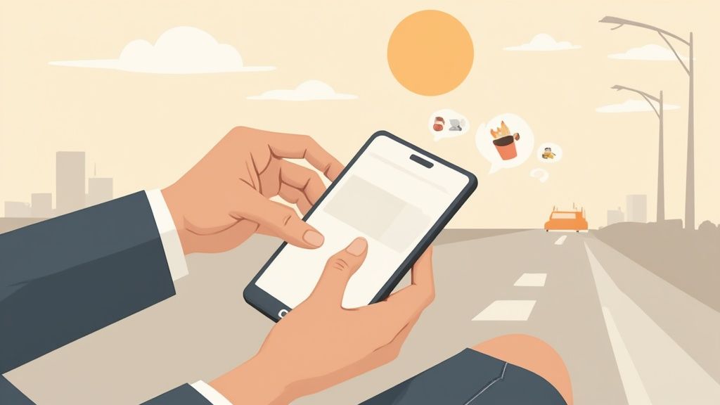 A person scrolls on a smartphone in a self-driving car on a sunny city road.