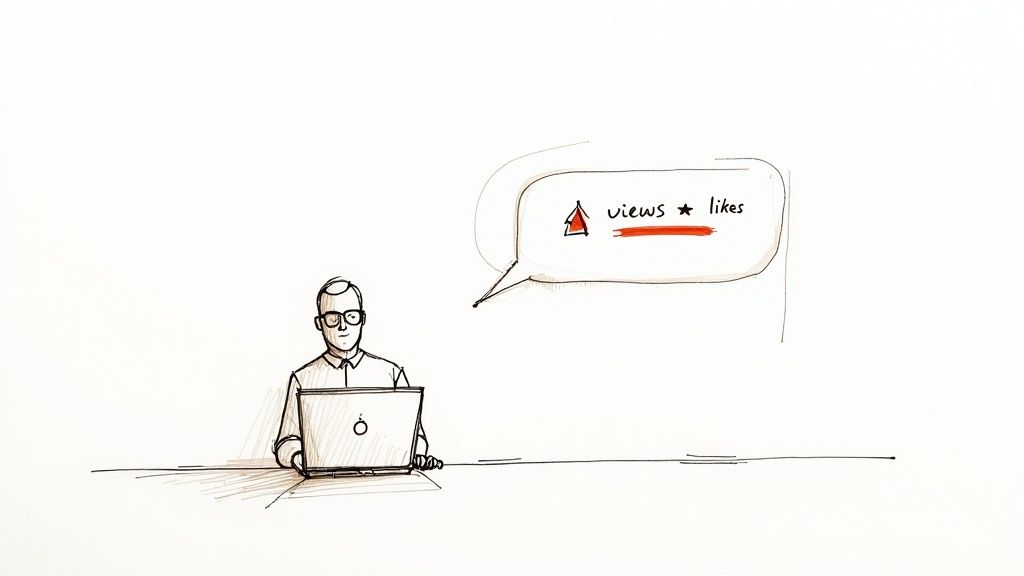 A person looking thoughtfully at a laptop screen, brainstorming LinkedIn post ideas.