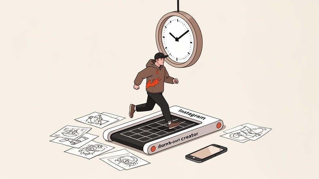 An Instagram creator runs on a treadmill under a clock, surrounded by sketches, symbolizing burnout.