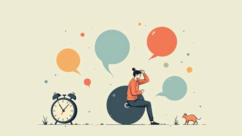 An illustration of a person sitting on a disk, surrounded by colorful speech bubbles, an alarm clock, and a small cat.