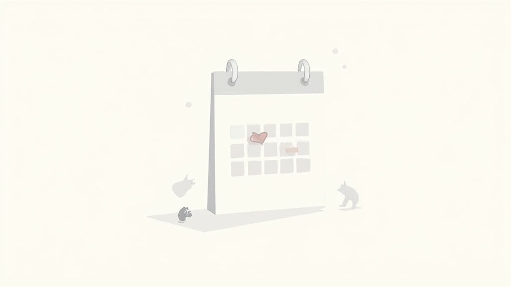 A soft, minimalist illustration showing a calendar with a heart and small animal silhouettes.