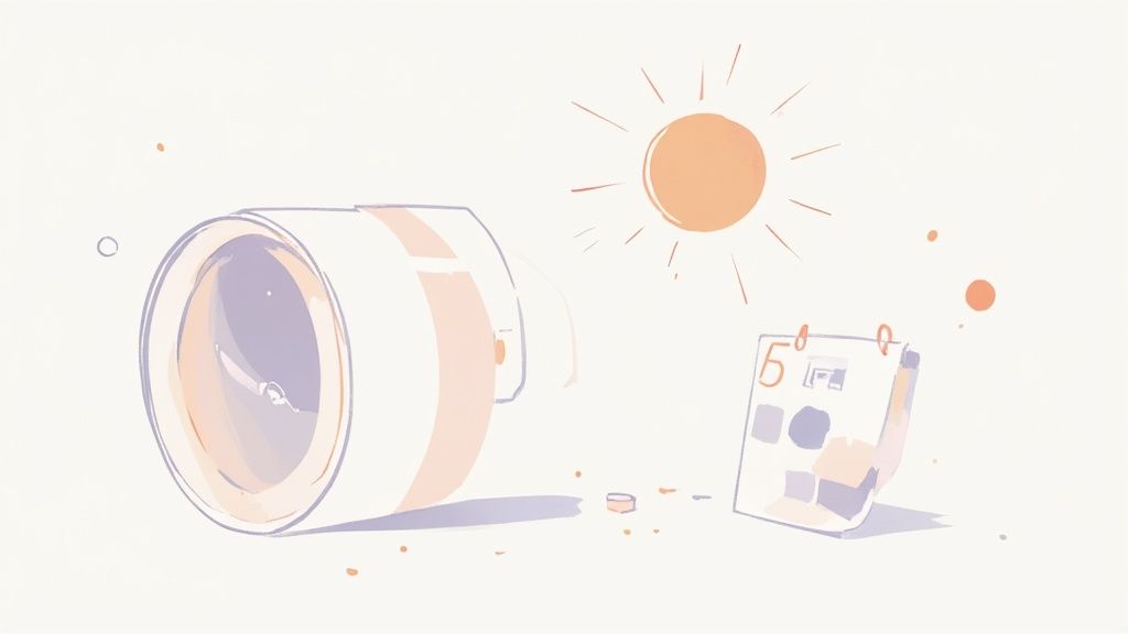 A soft pastel illustration of a camera lens, a bright sun, and a calendar page with number 5.