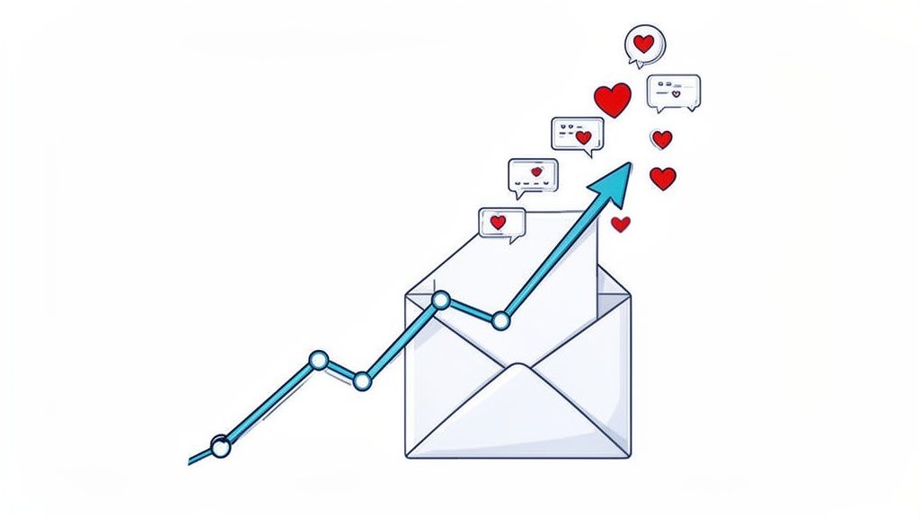An upward trend graph emerges from an envelope, surrounded by hearts and message bubbles, symbolizing growth and positive engagement.