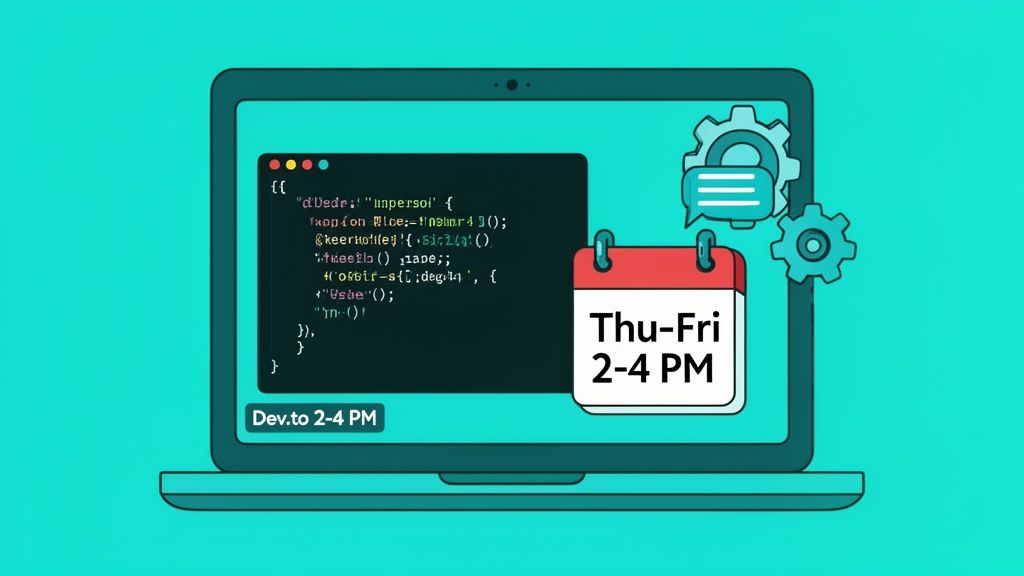 A laptop displaying code, a calendar with 'Thu-Fri 2-4 PM', and 'Dev.to 2-4 PM' text.