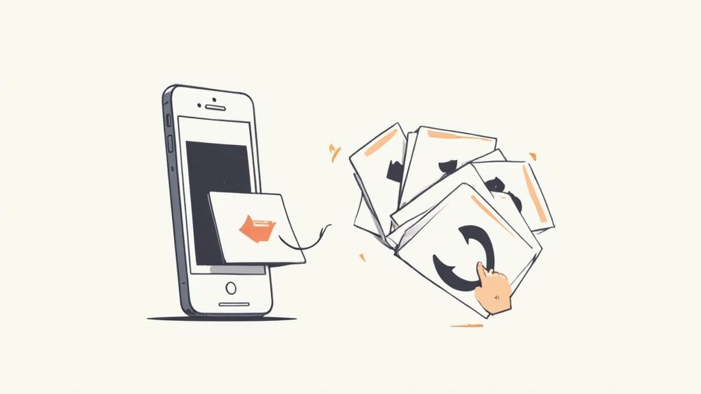 A smartphone displays an arrow card, while a hand taps a refresh icon on a stack of cards.