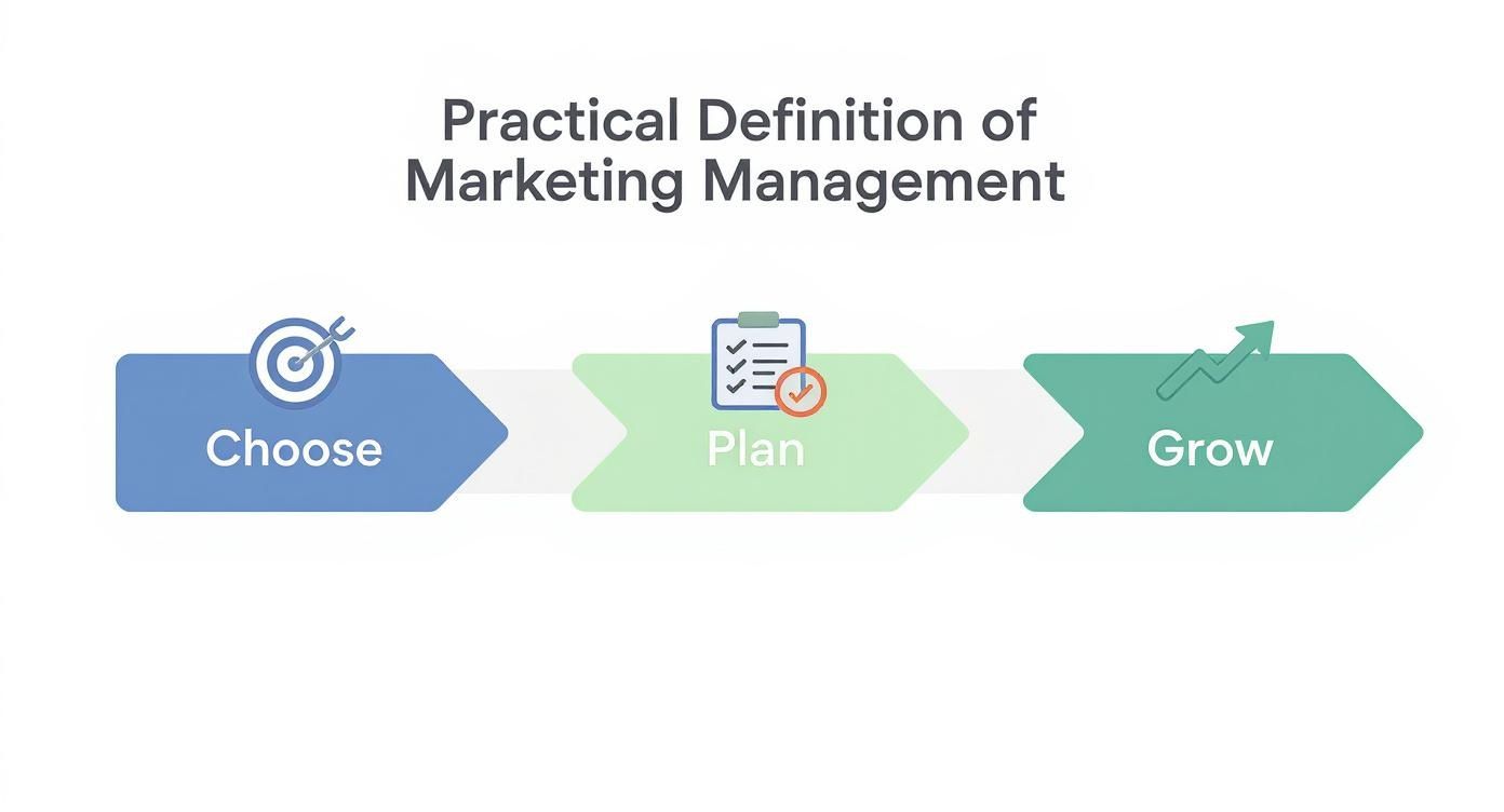 Flowchart illustrating the practical definition of marketing management: Choose, Plan, and Grow steps.