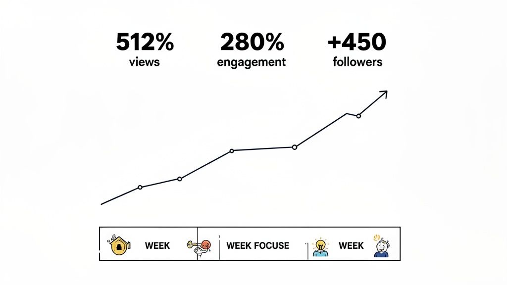 A progress chart displays significant growth in views, engagement, and followers over several weeks.
