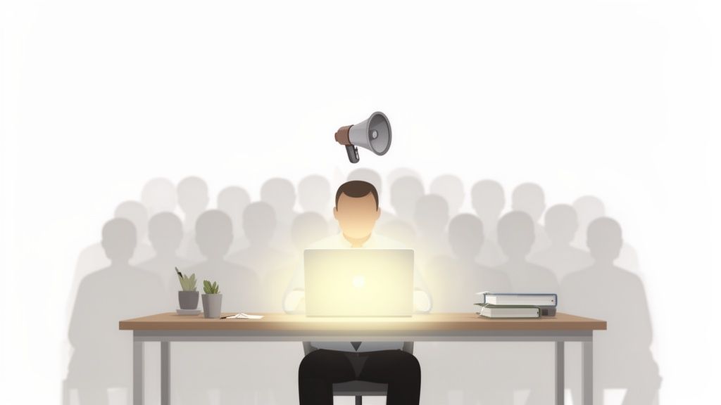 An individual with a glowing laptop speaks to a crowd under a megaphone.