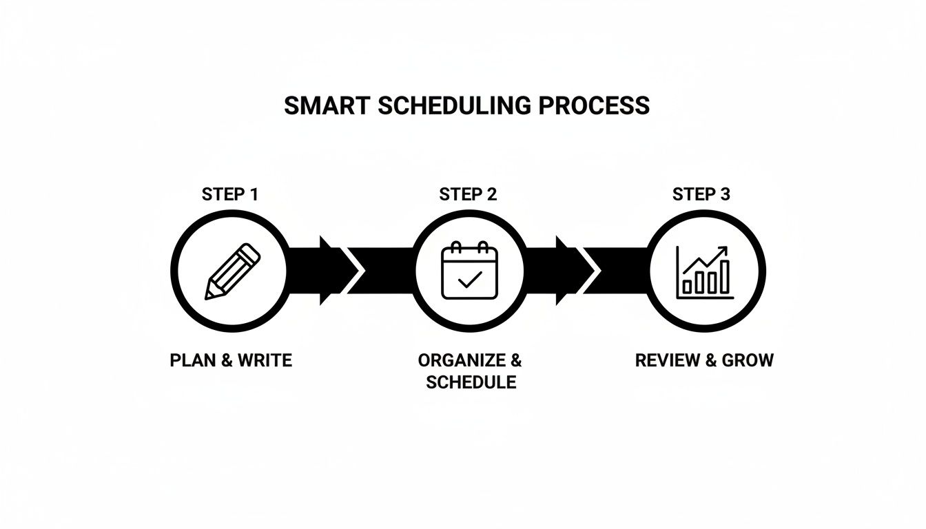 An infographic showing the Smart Scheduling Process: Plan & Write, Organize & Schedule, Review & Grow.