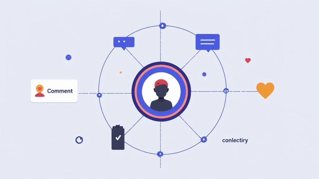 A diagram illustrating social media interactions around a user profile, showing comments, messages, likes, and tasks.