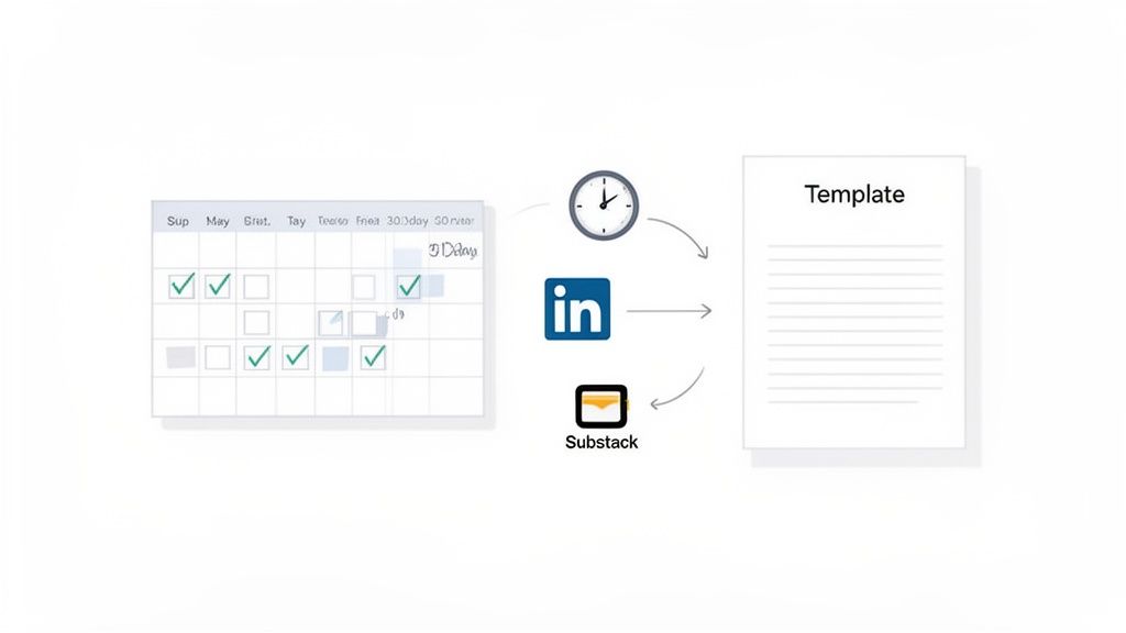 Diagram illustrates content scheduling for LinkedIn and Substack, leveraging a template over time.