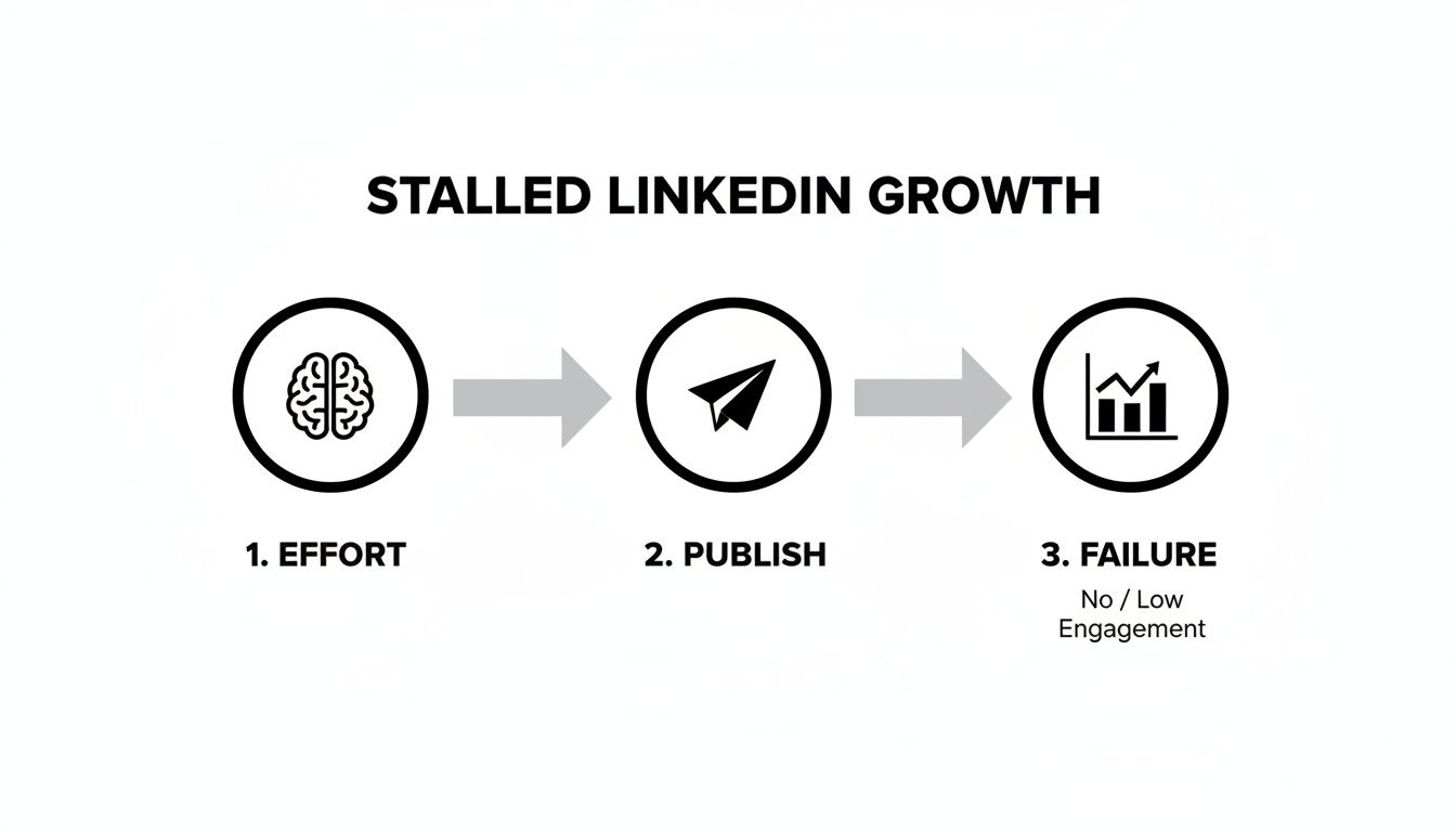 Diagram showing stalled LinkedIn growth where effort and publishing content result in failure due to low engagement.