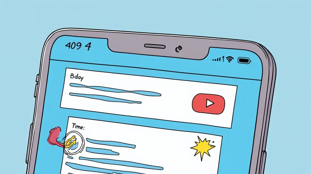 Close-up of an illustrated smartphone screen showing messages, a YouTube icon, and system notifications.