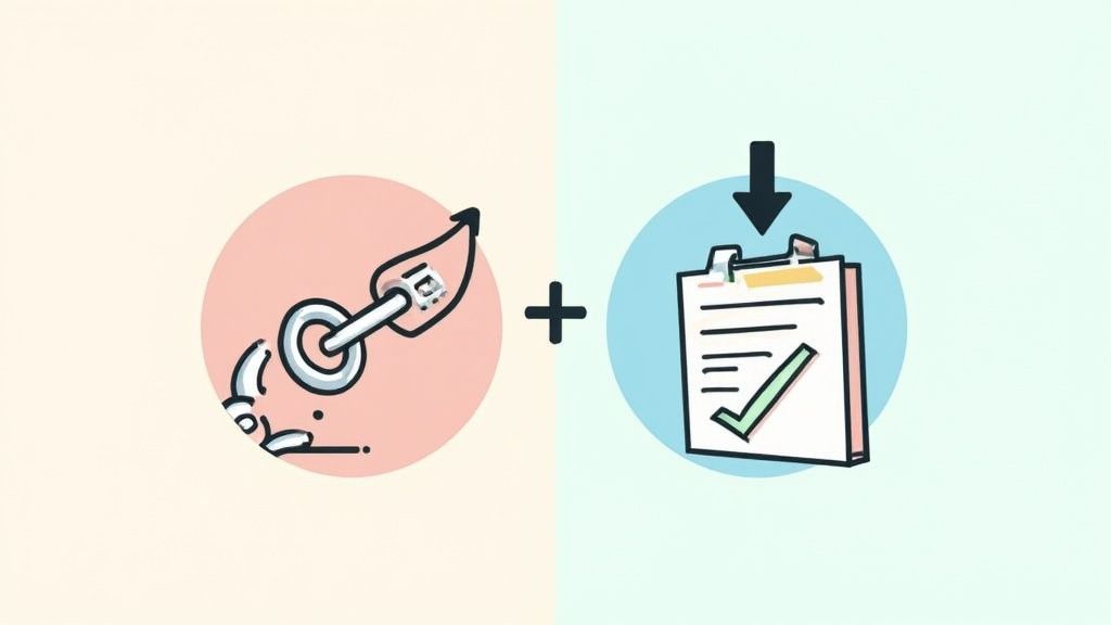 An illustration of a broken chain link next to a clipboard with a checklist and a green checkmark.