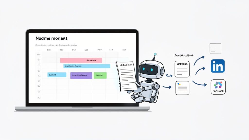 A robot holds a document, interacting with a laptop displaying a content calendar and linking to LinkedIn and Substack.
