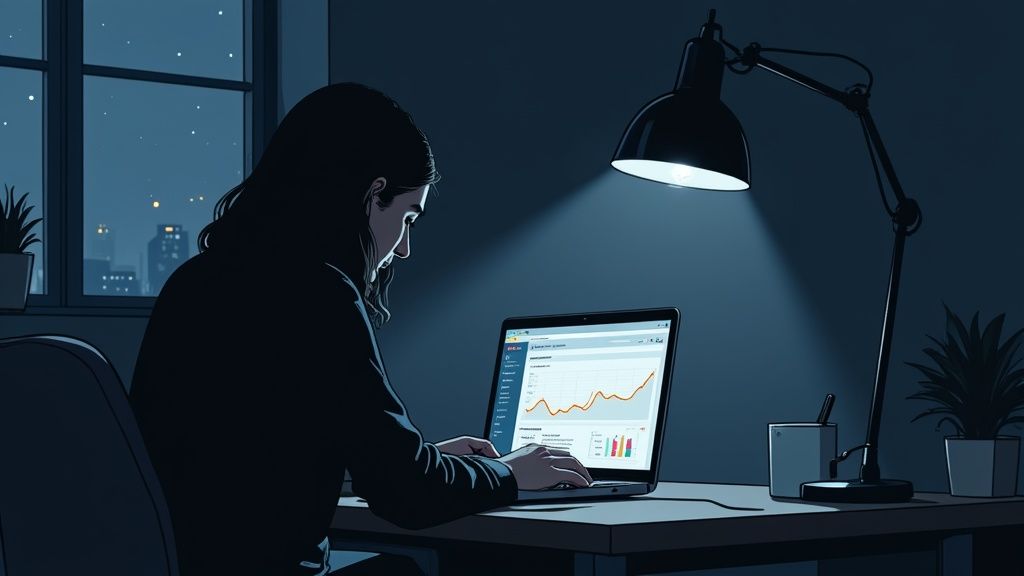 A person works on a laptop displaying data graphs, illuminated by a desk lamp at night.