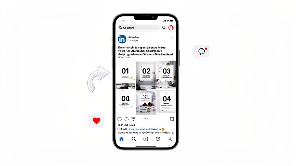 A smartphone displays a LinkedIn post featuring a numbered image carousel and social media interaction bubbles.