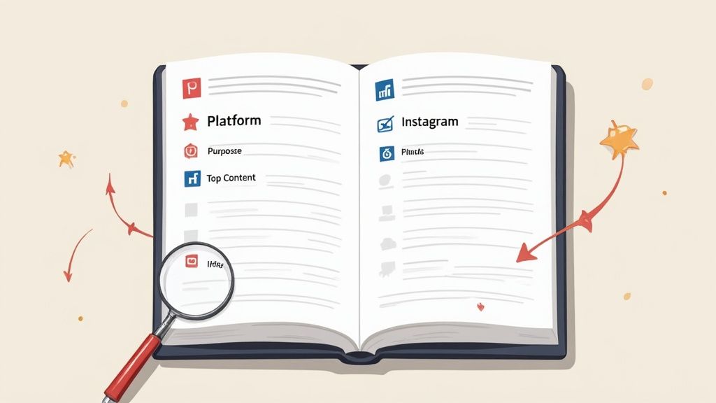 An open book displays social media platforms and strategy terms, with a magnifying glass highlighting an entry.