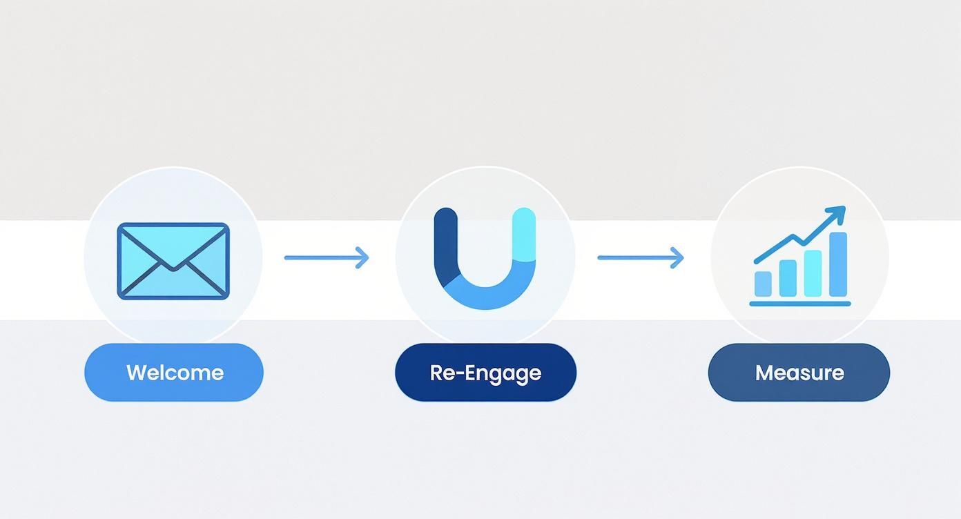 A three-step process diagram showing welcome, re-engage, and measure phases with icons.