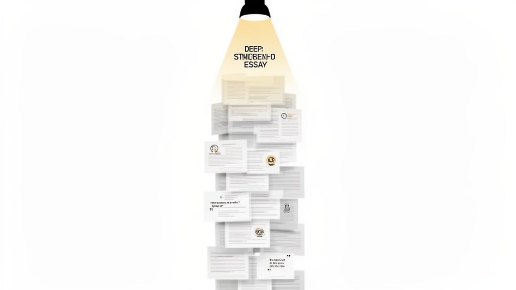 A spotlight illuminates a tall stack of essays and research papers, symbolizing deep thought leadership content.