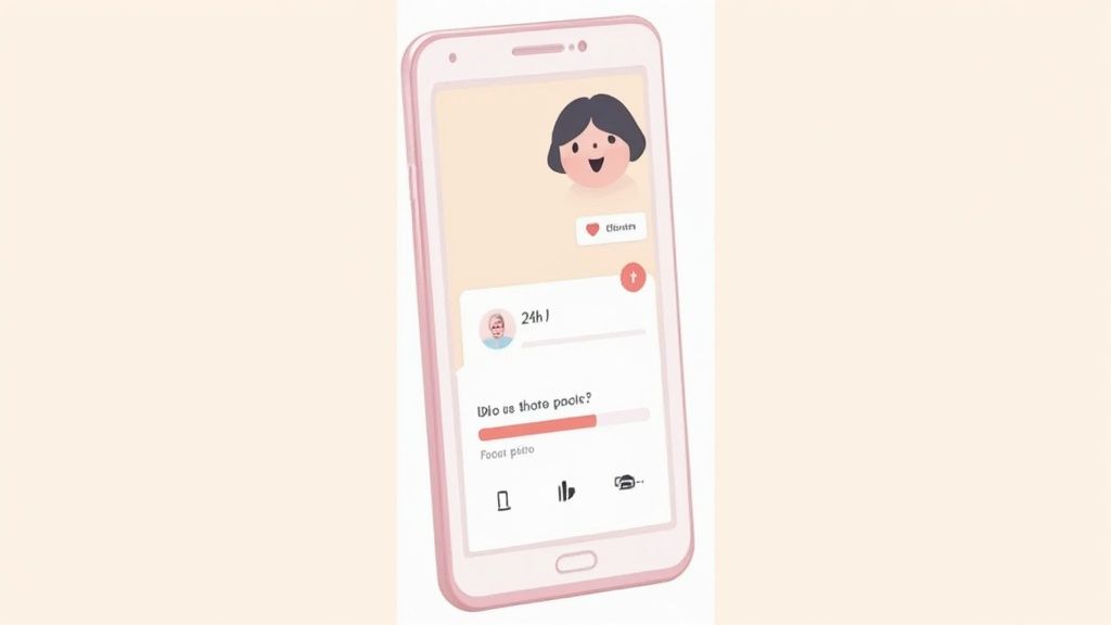 A pink smartphone displays a social media app with cartoon avatars, text, a progress bar, and media icons.