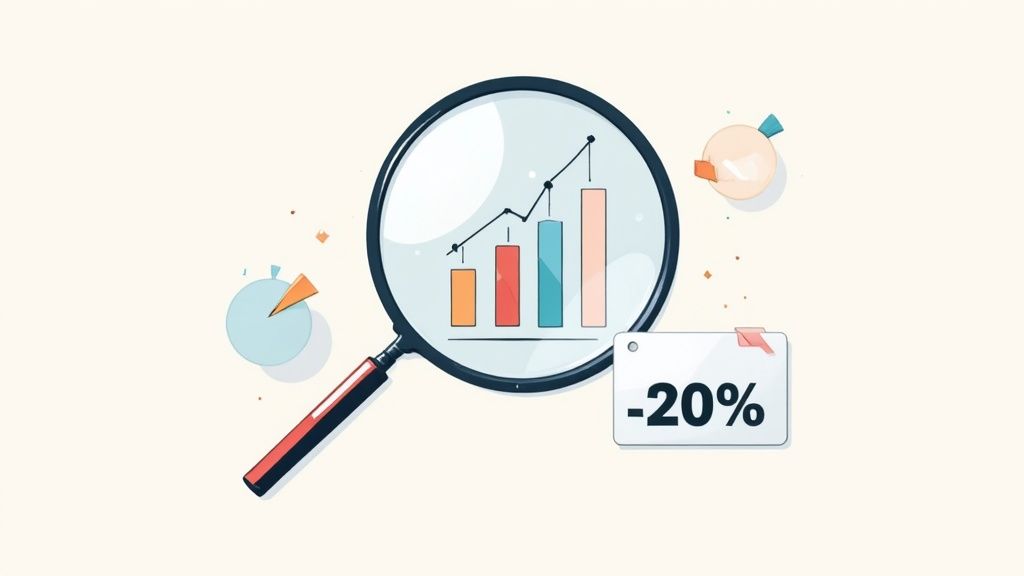 Magnifying glass revealing growth chart with bars and upward trend alongside twenty percent discount tag