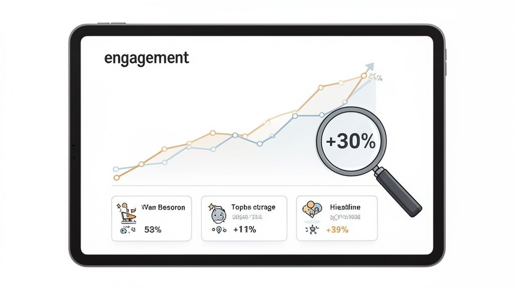 A tablet displays an engagement analytics dashboard showing upward trends, performance metrics, and a +30% increase.