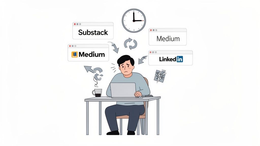 A man looks stressed at his laptop, overwhelmed by Substack, Medium, and LinkedIn for content distribution.